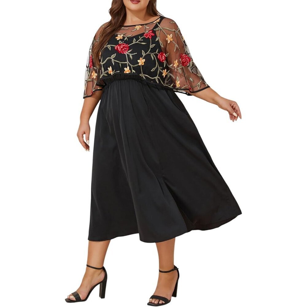 Women Plus Size Formal Dress with Floral Embroidery and Detachable Cape